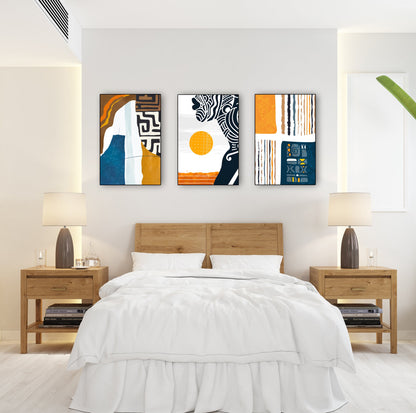 Large African American abstract wall art set of 3, colorful black woman portrait prints, ethnic modern gallery wall decor for contemporary interiors.