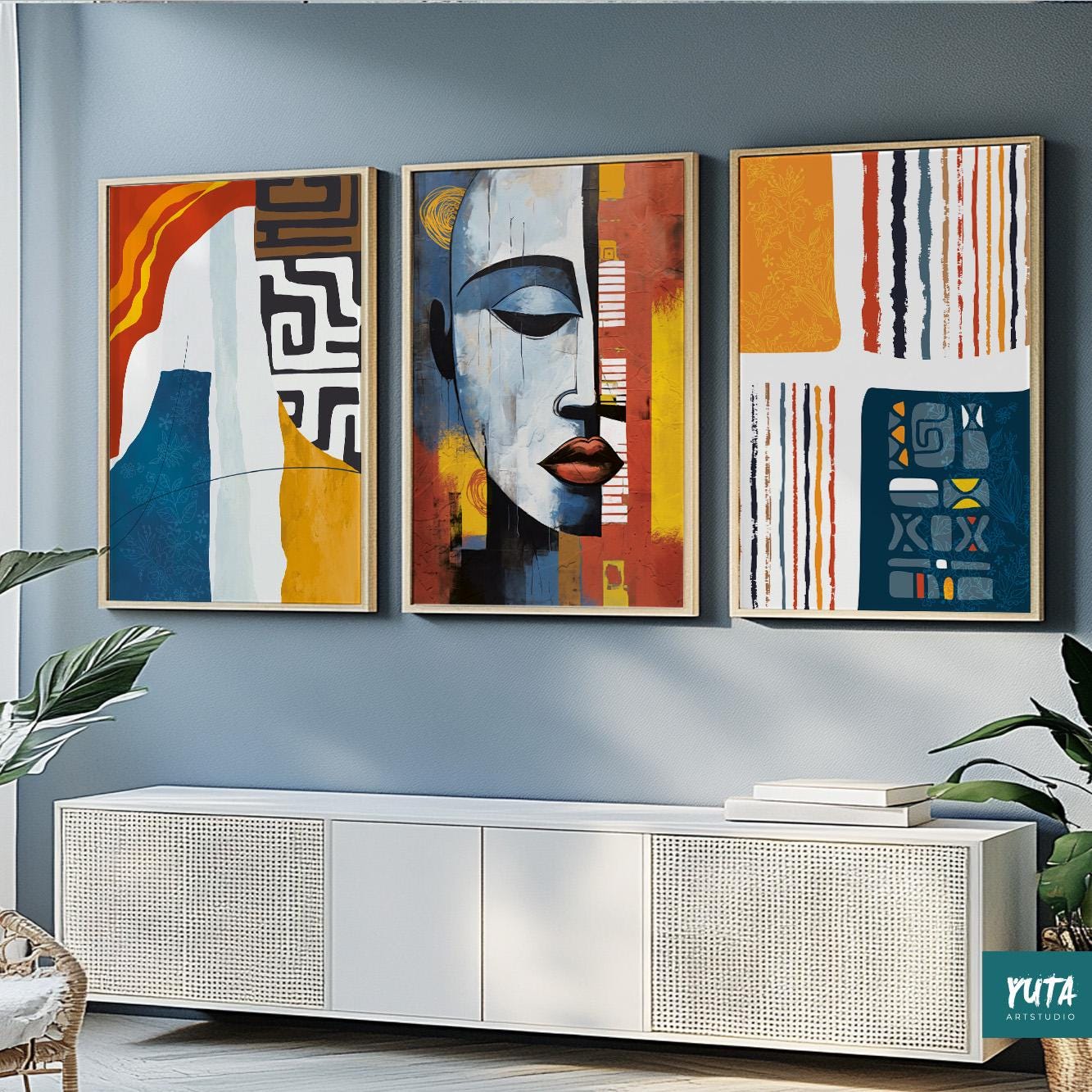 Modern minimalist African portraits – abstract wall art set featuring strong feminine energy.