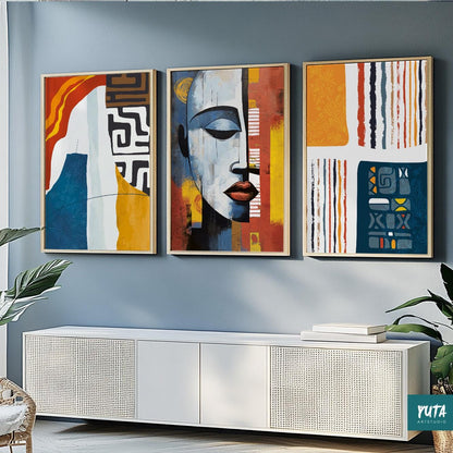 Modern minimalist African portraits – abstract wall art set featuring strong feminine energy.