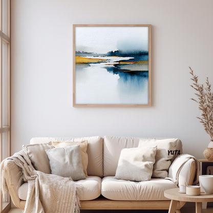 Minimalist abstract coastal artwork with soft blue and mustard watercolor textures.