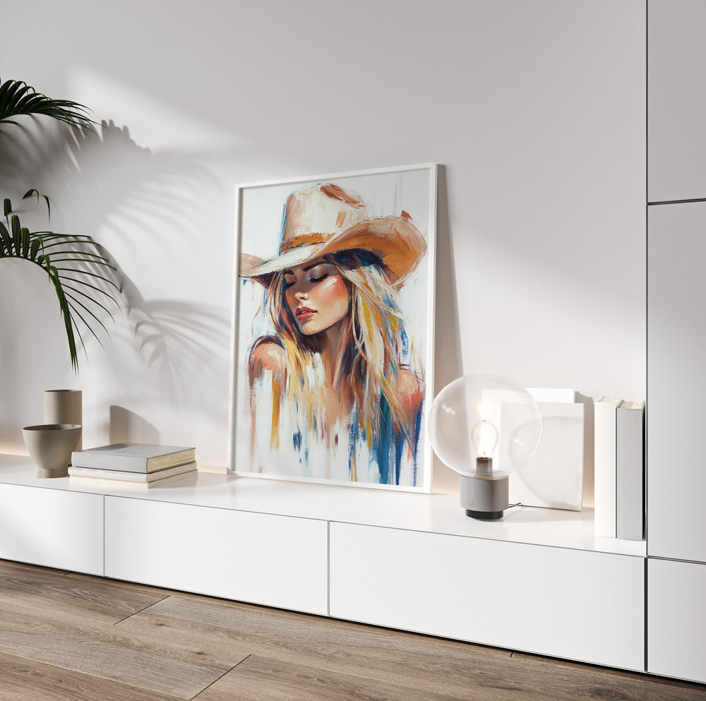Modern western wall art featuring a feminine cowgirl portrait in neutral and blue tones