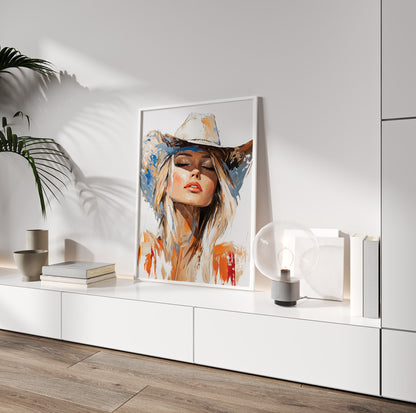 Modern western wall art with a blonde woman in a cowboy hat and colorful brushstrokes
