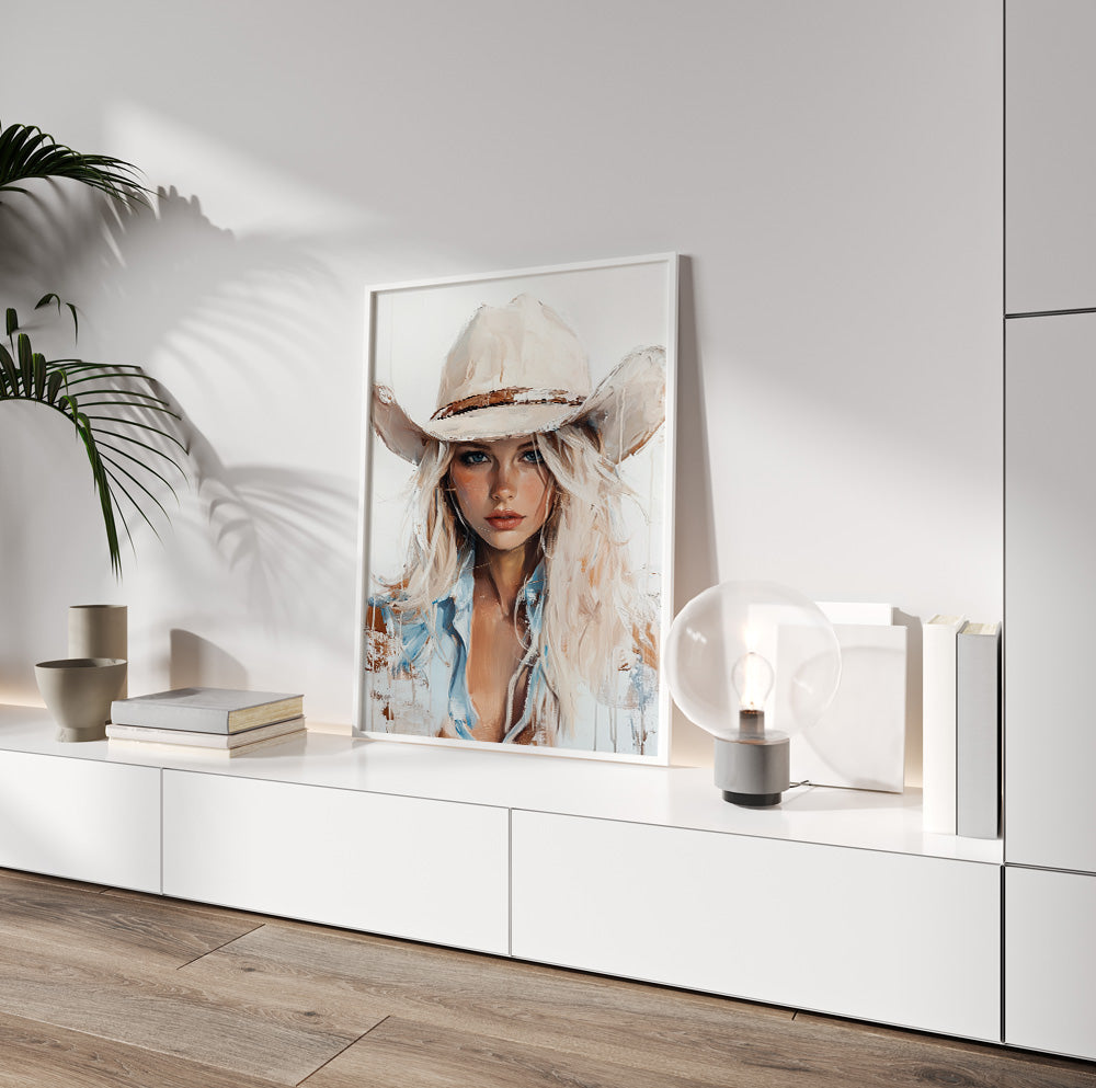Modern western woman portrait featuring a blonde cowgirl wearing a white cowboy hat