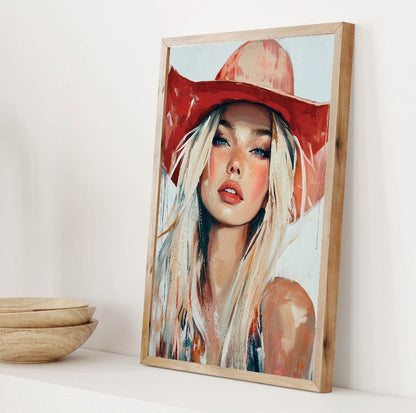 Modern western woman wall art featuring a stylish blonde cowgirl portrait