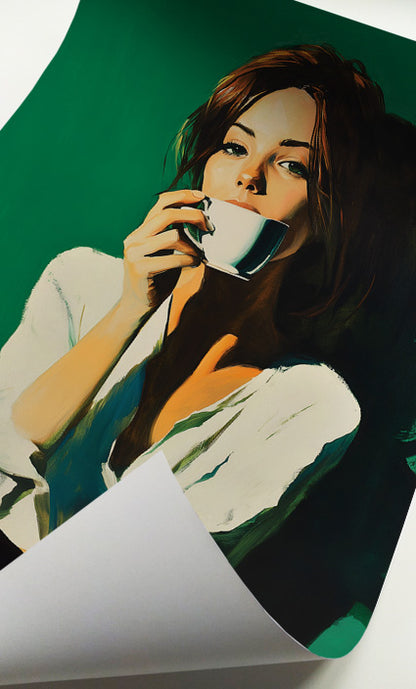 Modern woman portrait art print featuring a seated brunette drinking coffee.