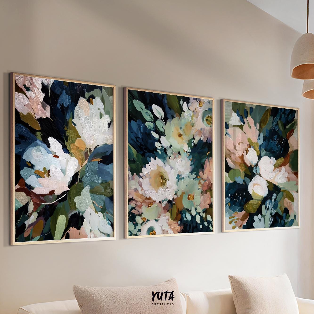 Navy blue and deep green flower artwork with expressive brush strokes