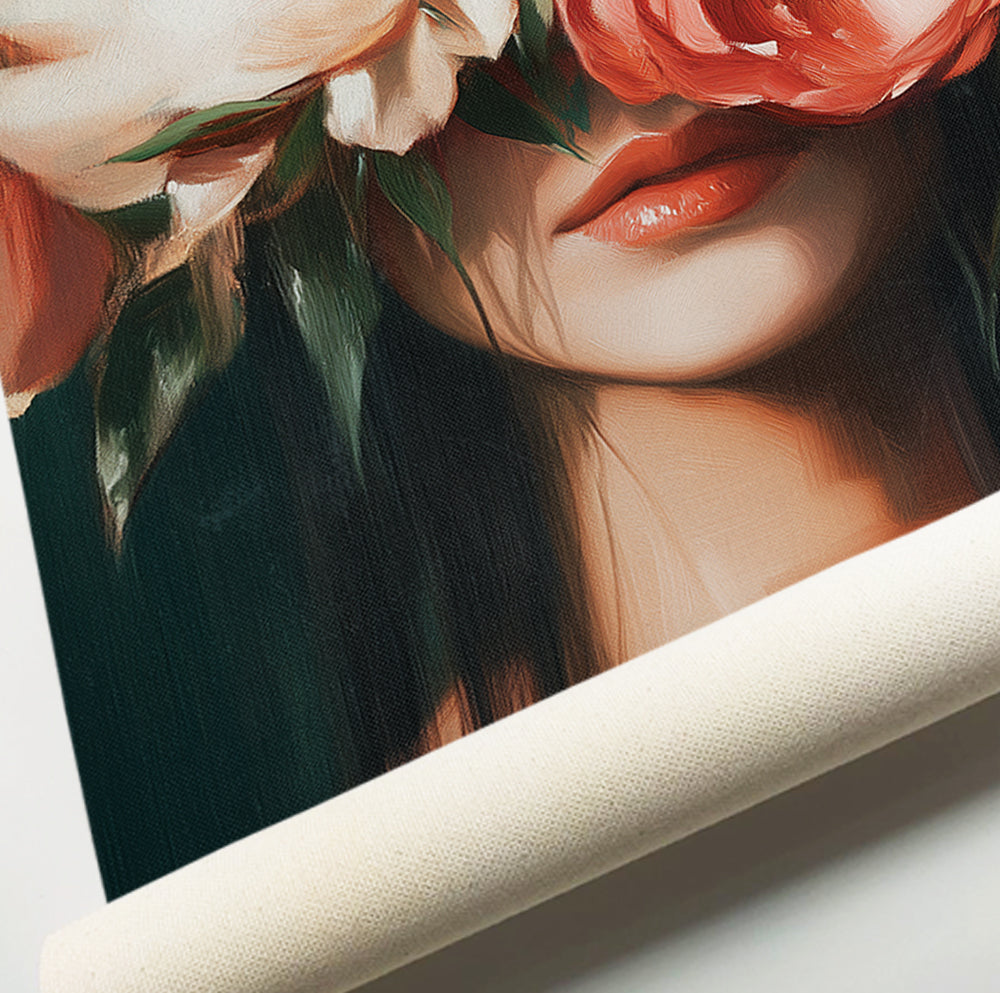 Moody floral female portrait featuring oversized warm-toned flowers and deep green foliage