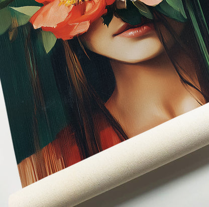 Moody floral female portrait featuring warm orange and blush flowers against a deep green background