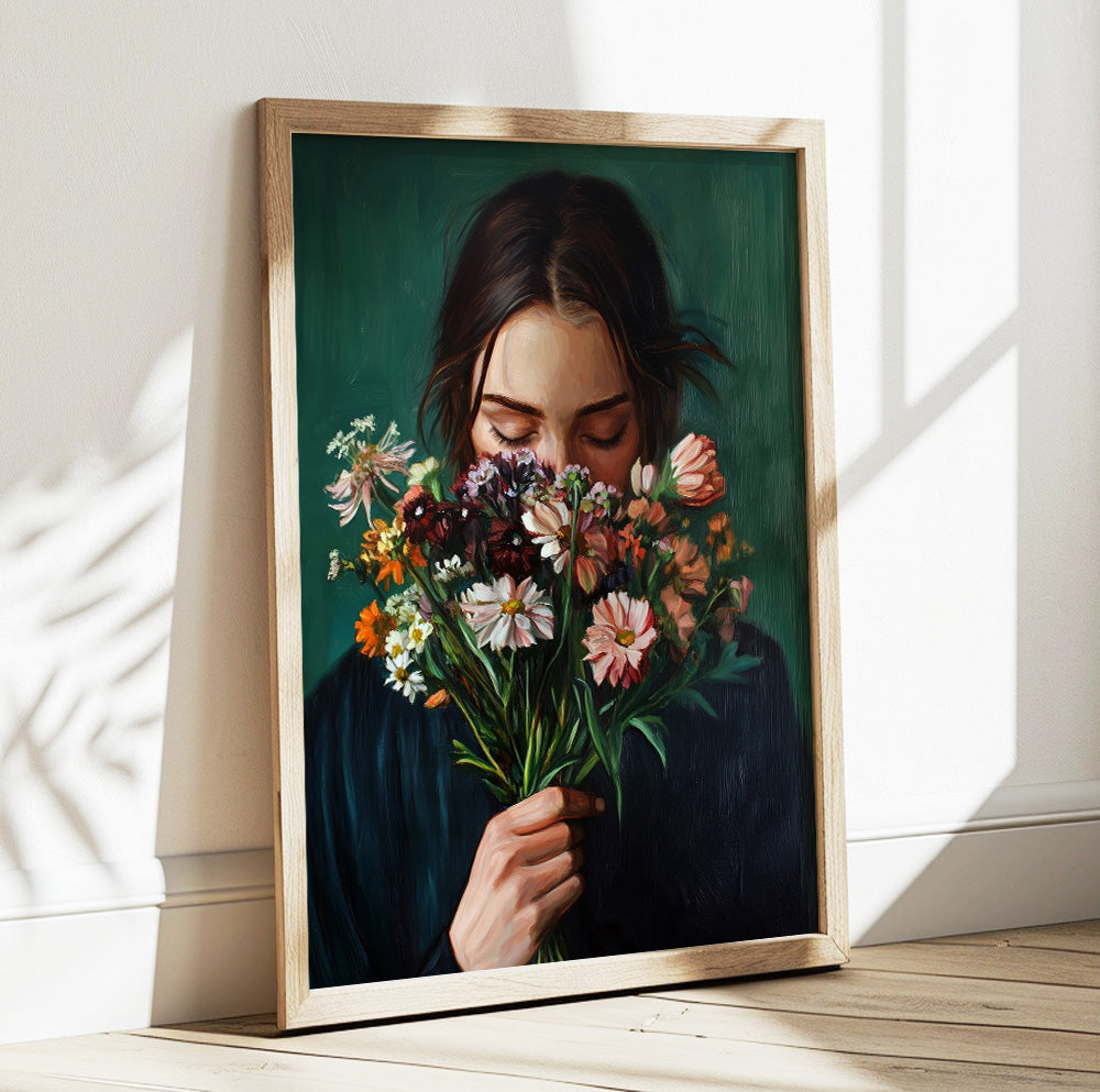 Moody floral portrait art featuring a brunette woman with flowers on a dark green background