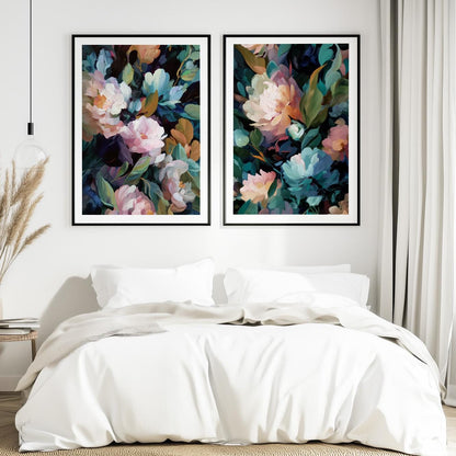 Moody floral wall decor with oversized flowers in blush pink, ivory and deep blue botanical tones