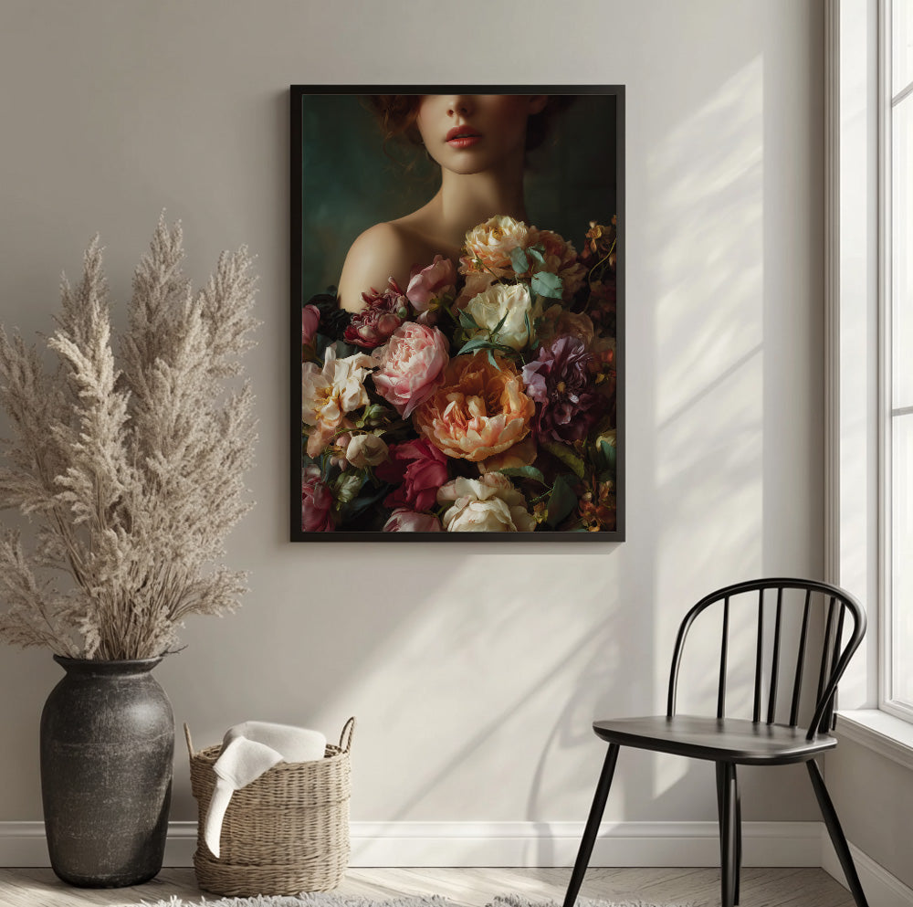 Moody floral woman portrait with cream, blush, burgundy and golden flowers against a dark background