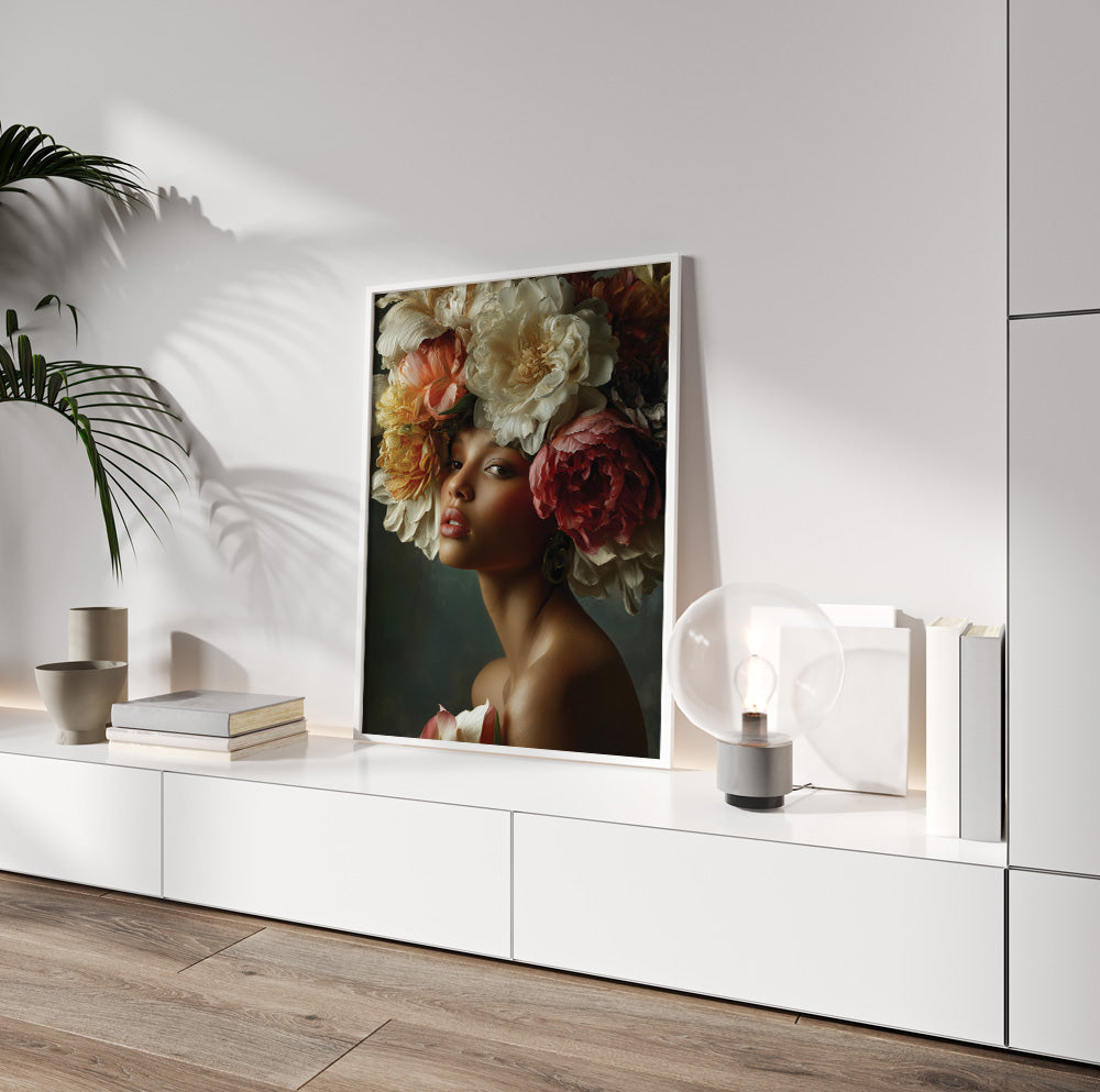 Moody floral woman portrait with large cream and burgundy peonies and a deep green background