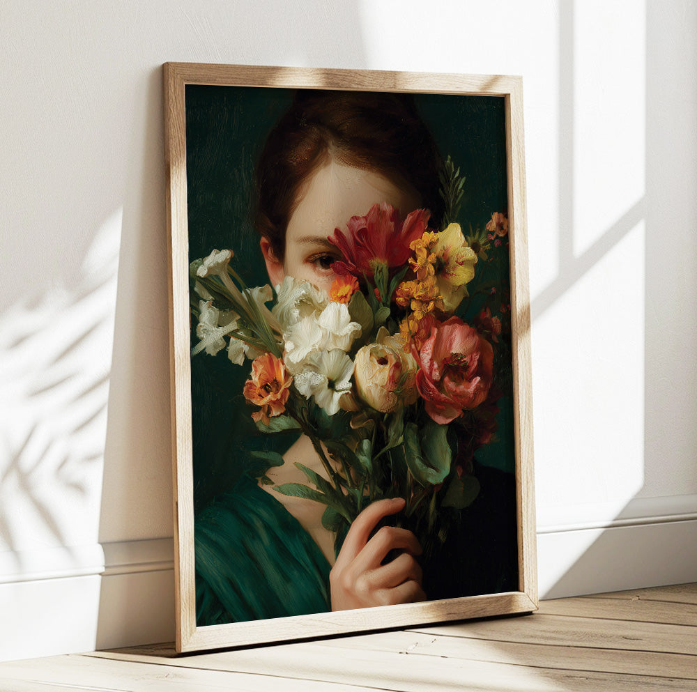 Moody floral woman portrait with cream, coral, yellow and red flowers against a deep green background
