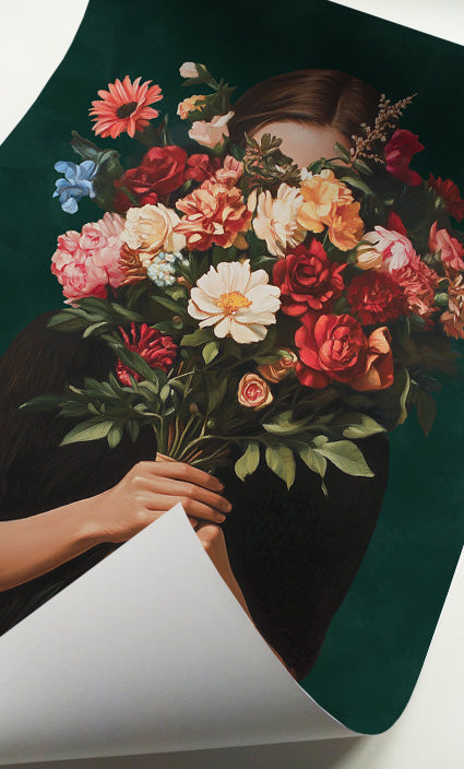Moody floral woman portrait with an oversized bouquet against a deep emerald green background