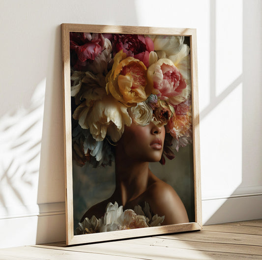 Moody floral woman wall art with oversized cream, yellow and blush peonies covering her eyes