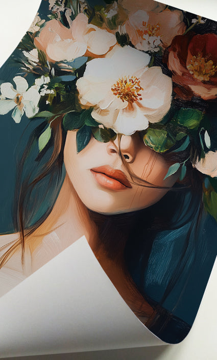 Moody floral woman wall art with painterly flowers and a deep teal blue background