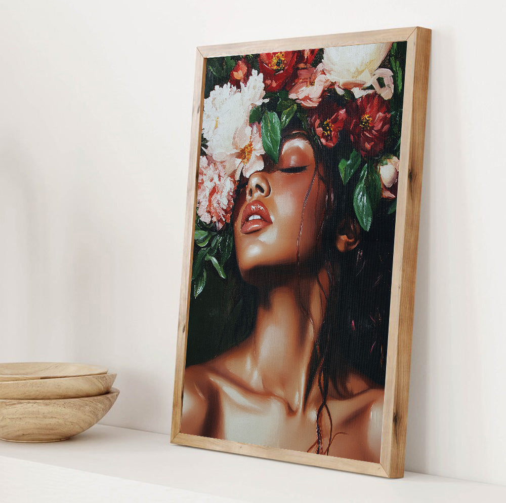 Moody floral woman wall art with rich burgundy, white and pink blooms against a dark background