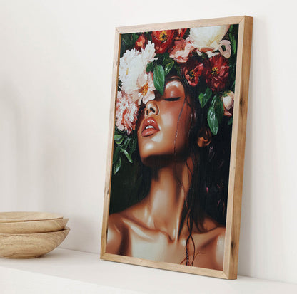 Moody floral woman wall art with rich burgundy, white and pink blooms against a dark background