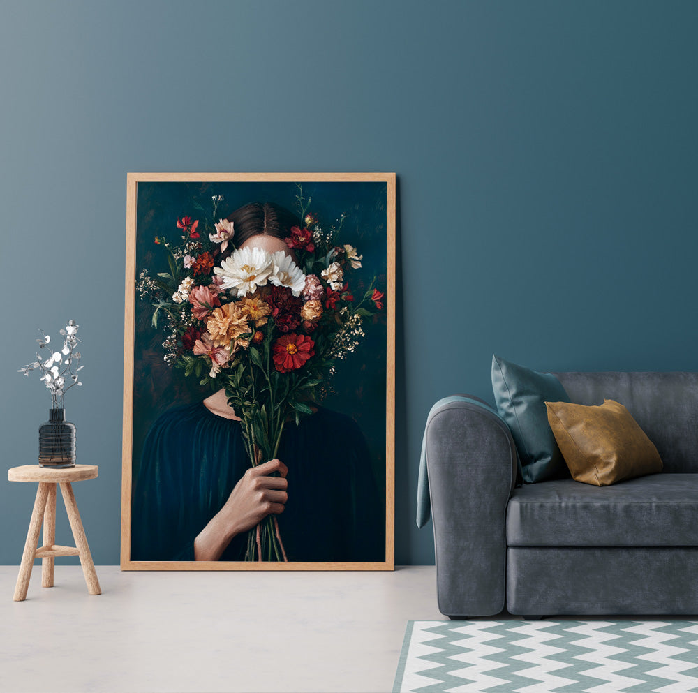 Moody floral woman wall art with rich red, cream and brown flowers against a dark background