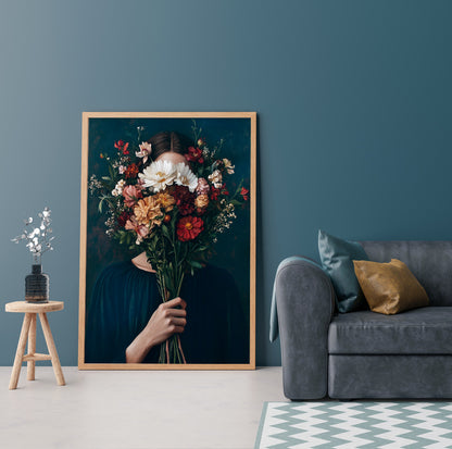 Moody floral woman wall art with rich red, cream and brown flowers against a dark background