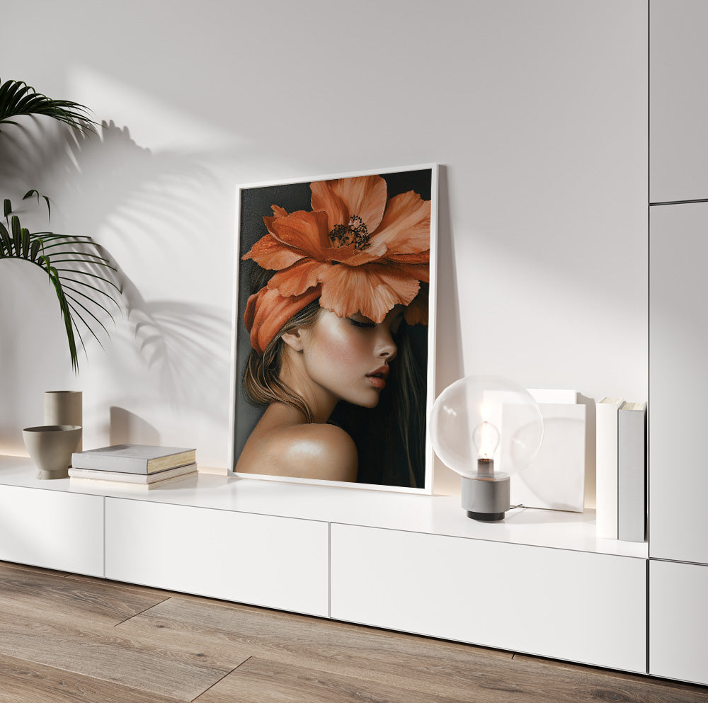 Moody flower woman wall art featuring a female portrait with warm terracotta orange blooms