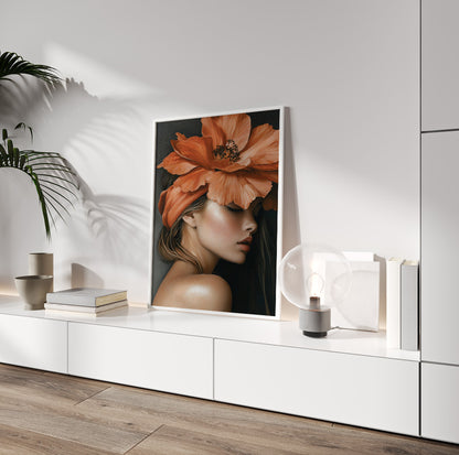 Moody flower woman wall art featuring a female portrait with warm terracotta orange blooms