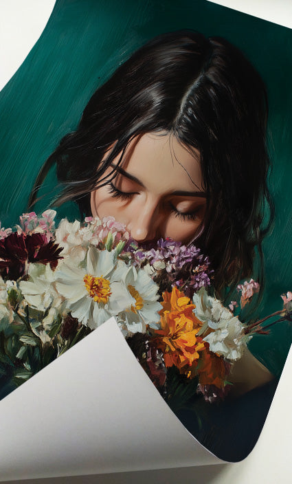 Moody woman with flowers art featuring a dark-haired female portrait on a deep green background