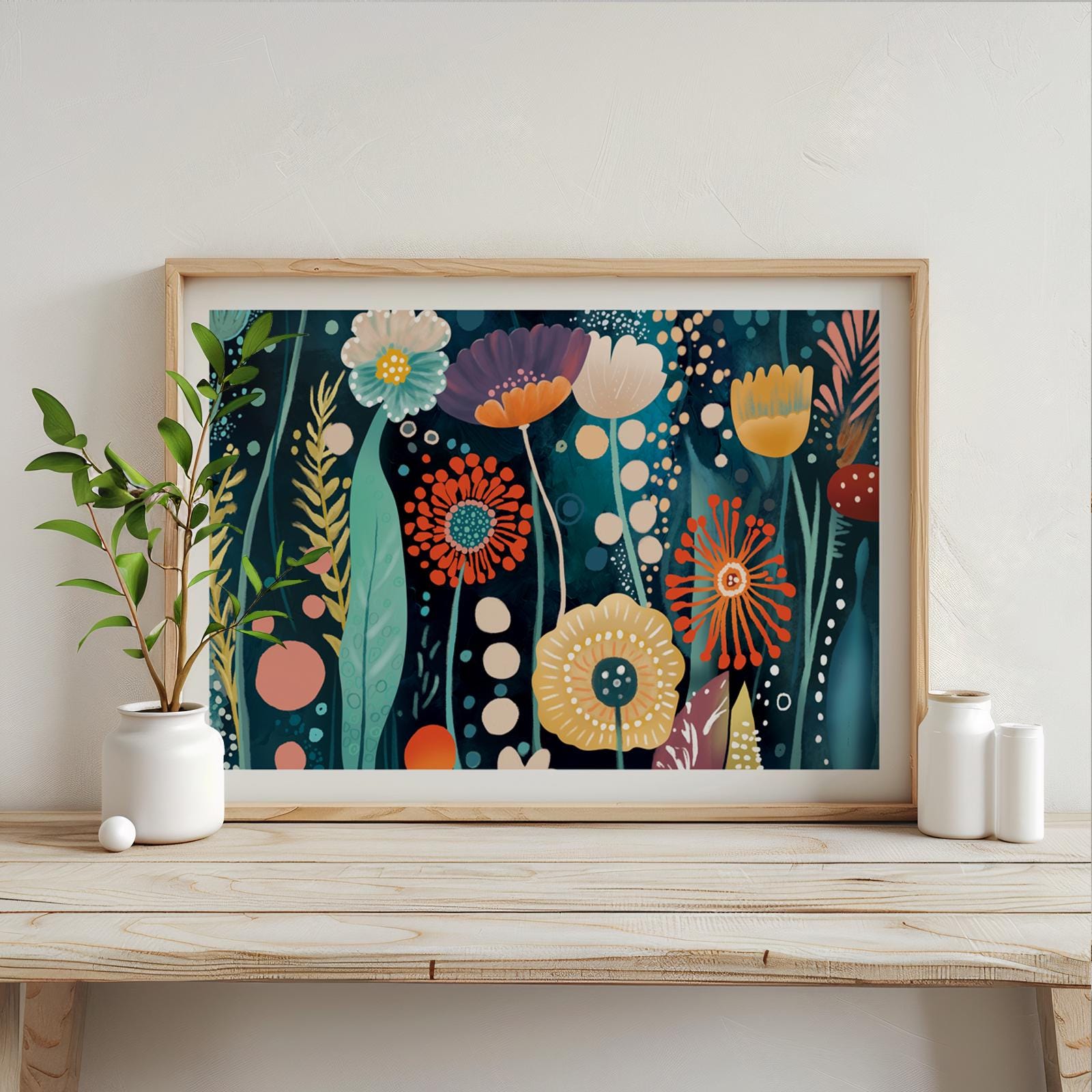 Framed abstract floral artwork with colorful botanical shapes on deep blue, styled by a window