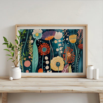 Framed abstract floral artwork with colorful botanical shapes on deep blue, styled by a window