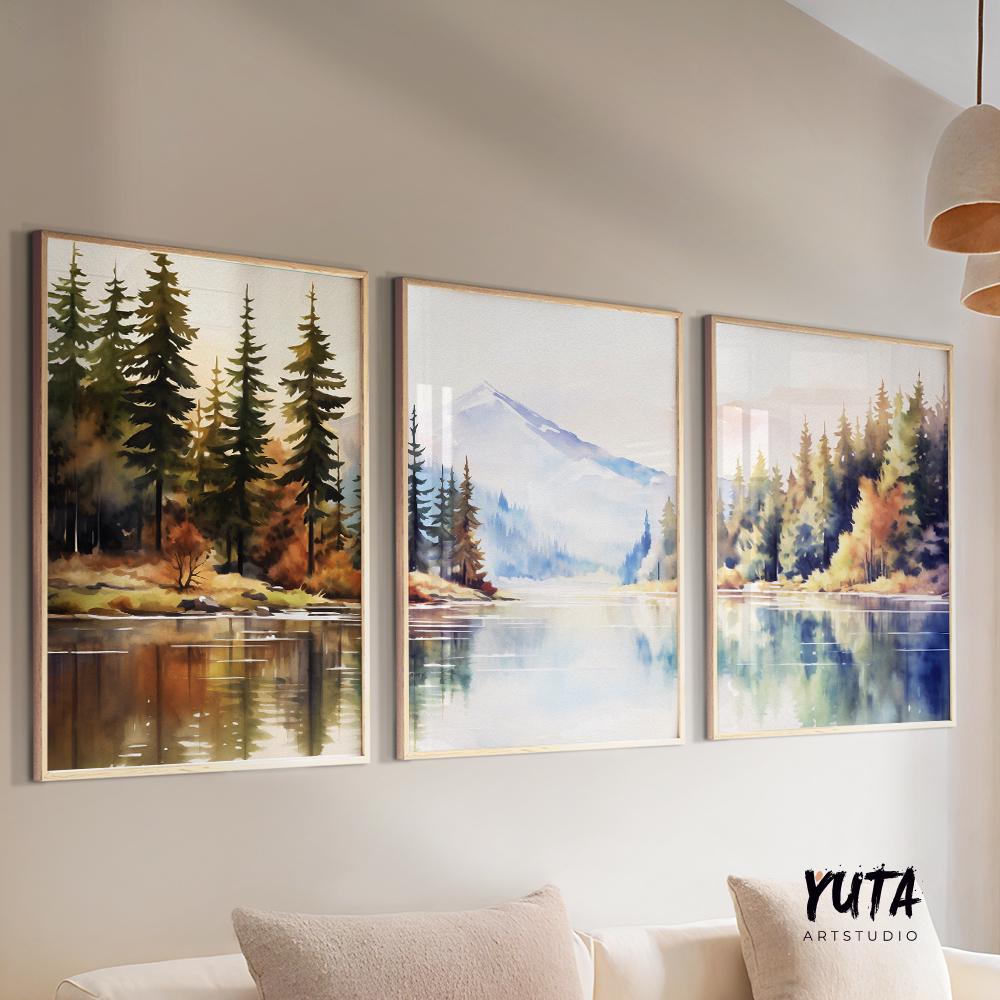 Watercolor mountain lake wall art set of 3 featuring pine forest landscapes in soft neutral colors for organic modern living room decor