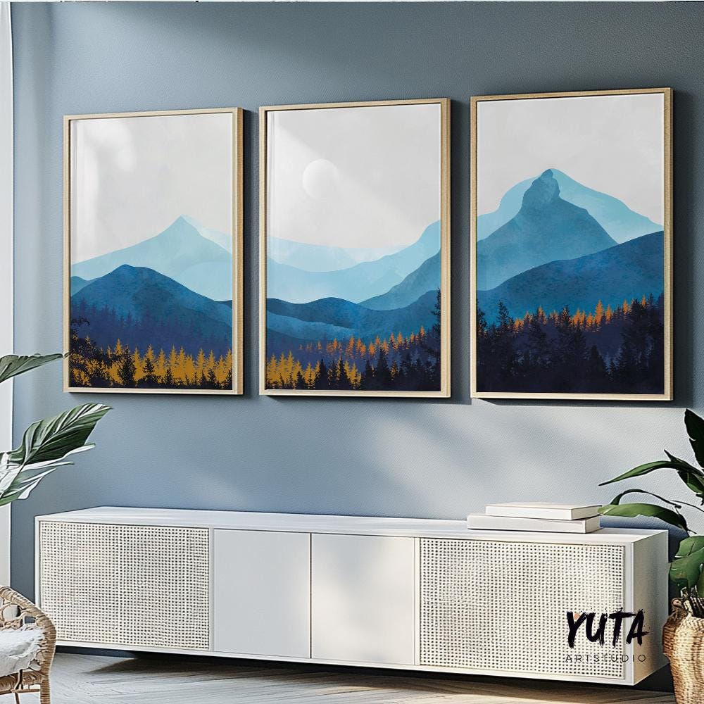 Navy blue mountain wall art set of 3 print. Nature gallery wall set, modern minimalist aesthetic room decor, Scandy living room posters