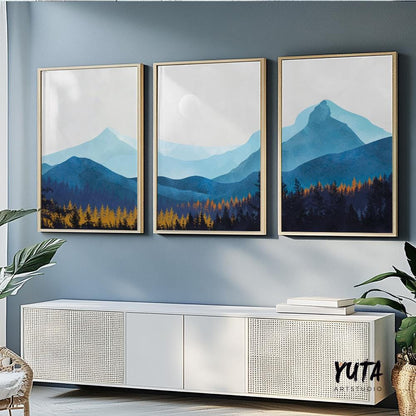 Navy blue mountain wall art set of 3 print. Nature gallery wall set, modern minimalist aesthetic room decor, Scandy living room posters