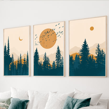 Mountain forest wall art set featuring pine trees, layered mountains, and sunrise