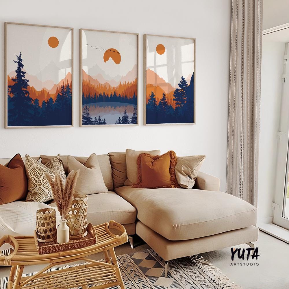 Mountain forest wall art set featuring layered pine forests, misty mountain ranges and warm sunset tones in a modern interior