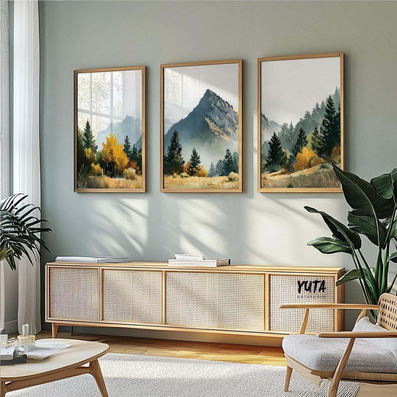 Mountain forest wall art featuring alpine peaks, evergreen trees and soft watercolor landscape artwork