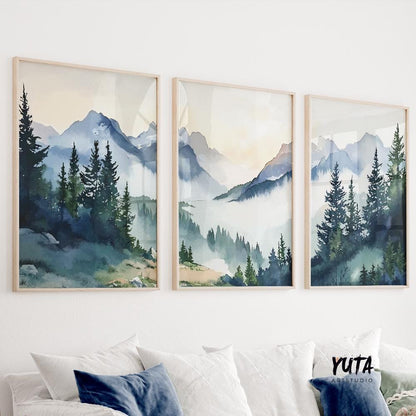 Mountain forest wall art showcasing watercolor pine trees, layered mountain ranges and atmospheric misty valleys