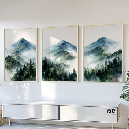 Mountain forest wall art showcasing misty alpine scenery and lush evergreen trees