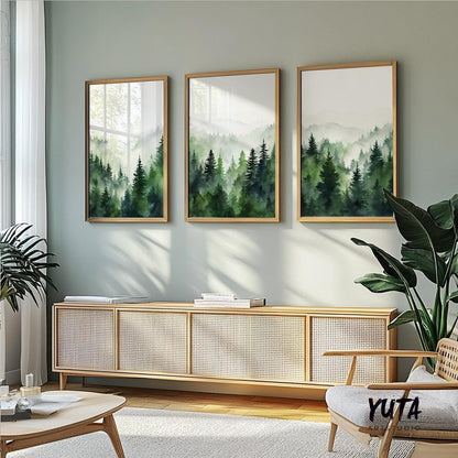 Mountain wall art set of 3 prints. Modern greenery mountain landscape gallery wall set. Nature 3 piece nordic abstract wall art