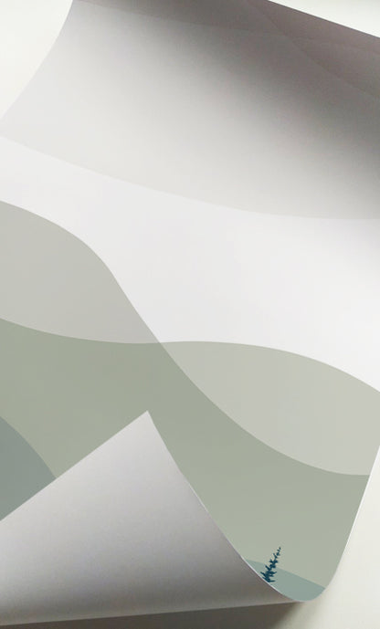 Abstract mountain wall art featuring layered nature scenery in calming neutral colors