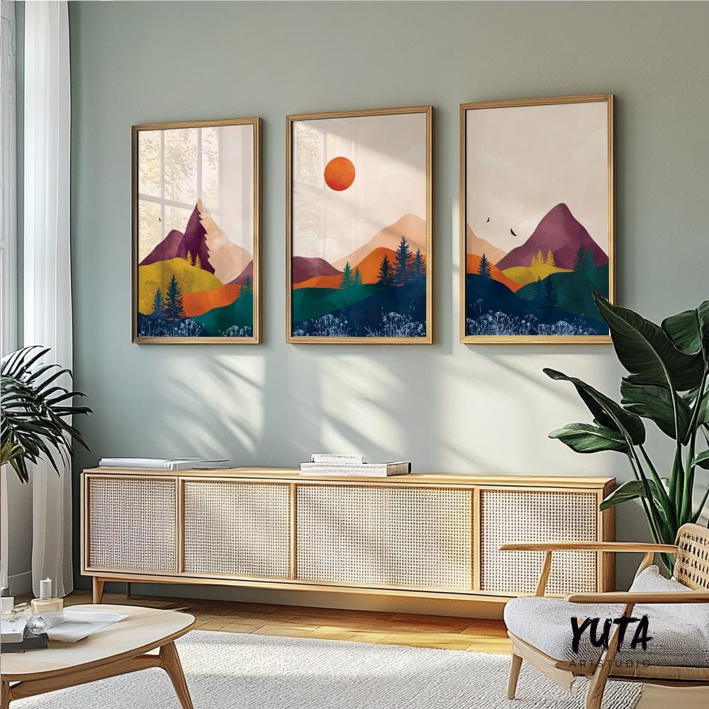 Set of 3 vibrant mountain prints. Abstract bright mountains modern gallery wall art. Colorful minimalist landscape aesthetic room decor