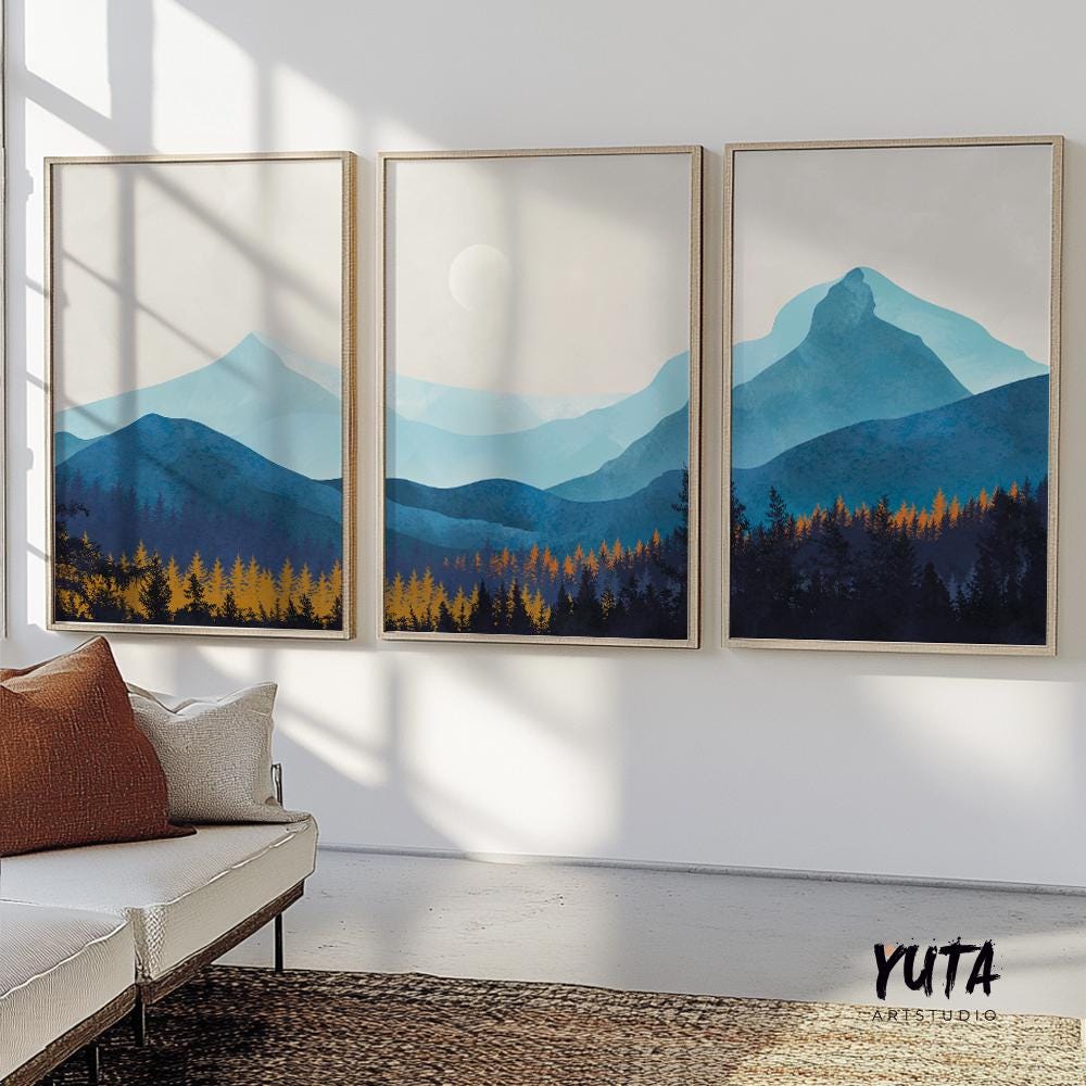 Navy blue mountain wall art set of 3 print. Nature gallery wall set, modern minimalist aesthetic room decor, Scandy living room posters