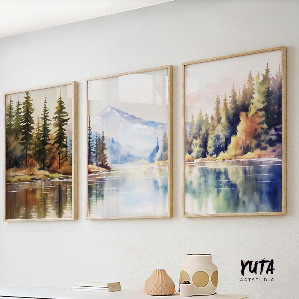 Nature landscape wall art set of three watercolor mountain prints above a neutral wall in a modern rustic home