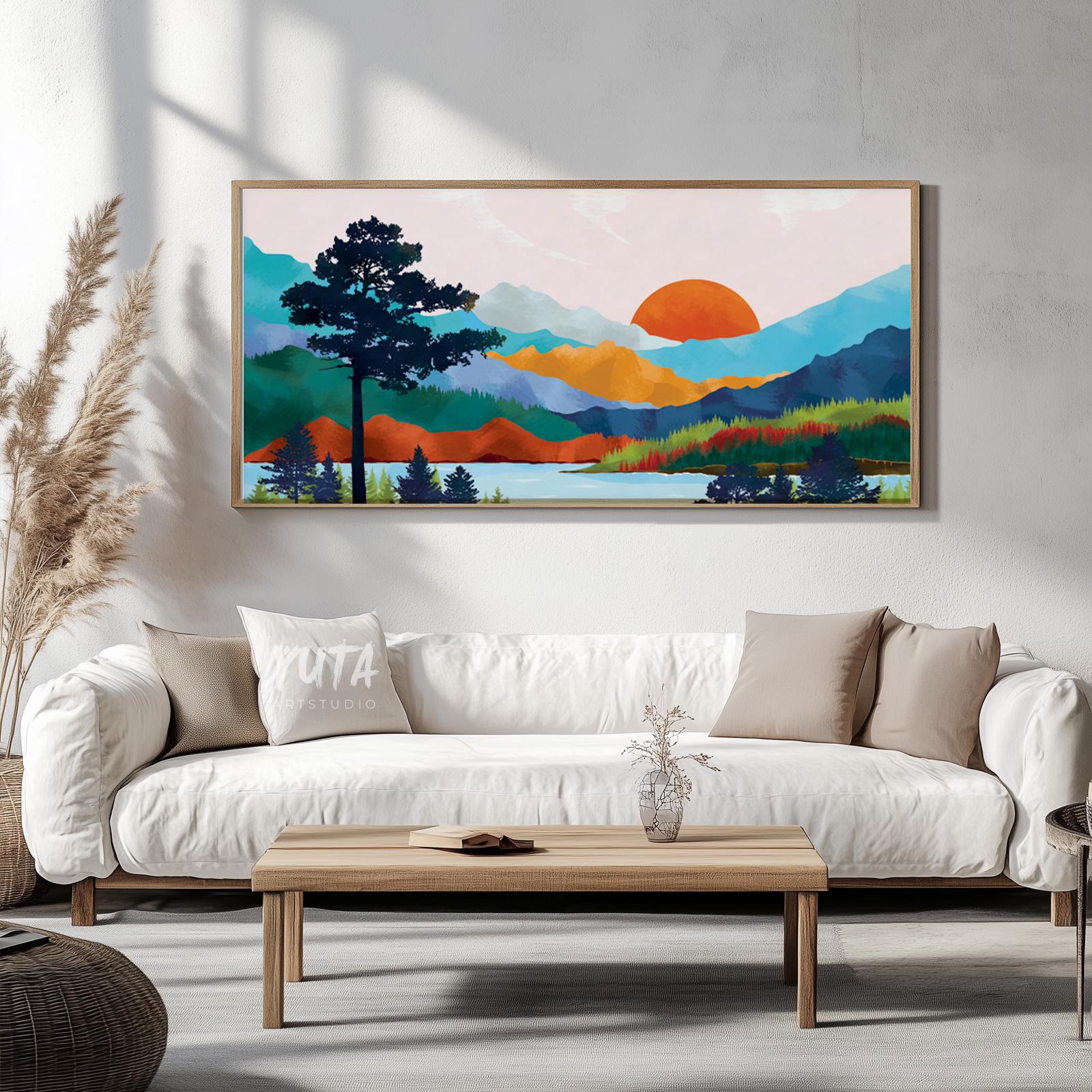 Mountain lake wall art featuring vibrant alpine scenery, colorful hills and contemporary landscape styling