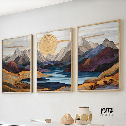 Mountain lake wall art set featuring colorful layered landscapes, alpine peaks and a winding river in an organic modern interior