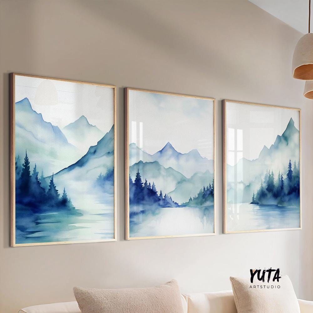 Navy blue mountain set of 3 prints. Modern watercolor minimalist landscape gallery wall set.  Nature 3 piece wall art, nordic abstract print