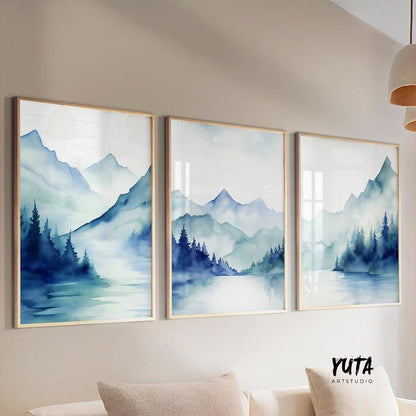 Navy blue mountain set of 3 prints. Modern watercolor minimalist landscape gallery wall set.  Nature 3 piece wall art, nordic abstract print