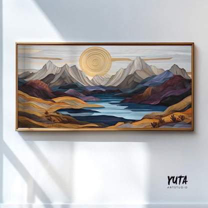 Pastel-toned mountain landscape artwork in a long horizontal wood frame on a white wall