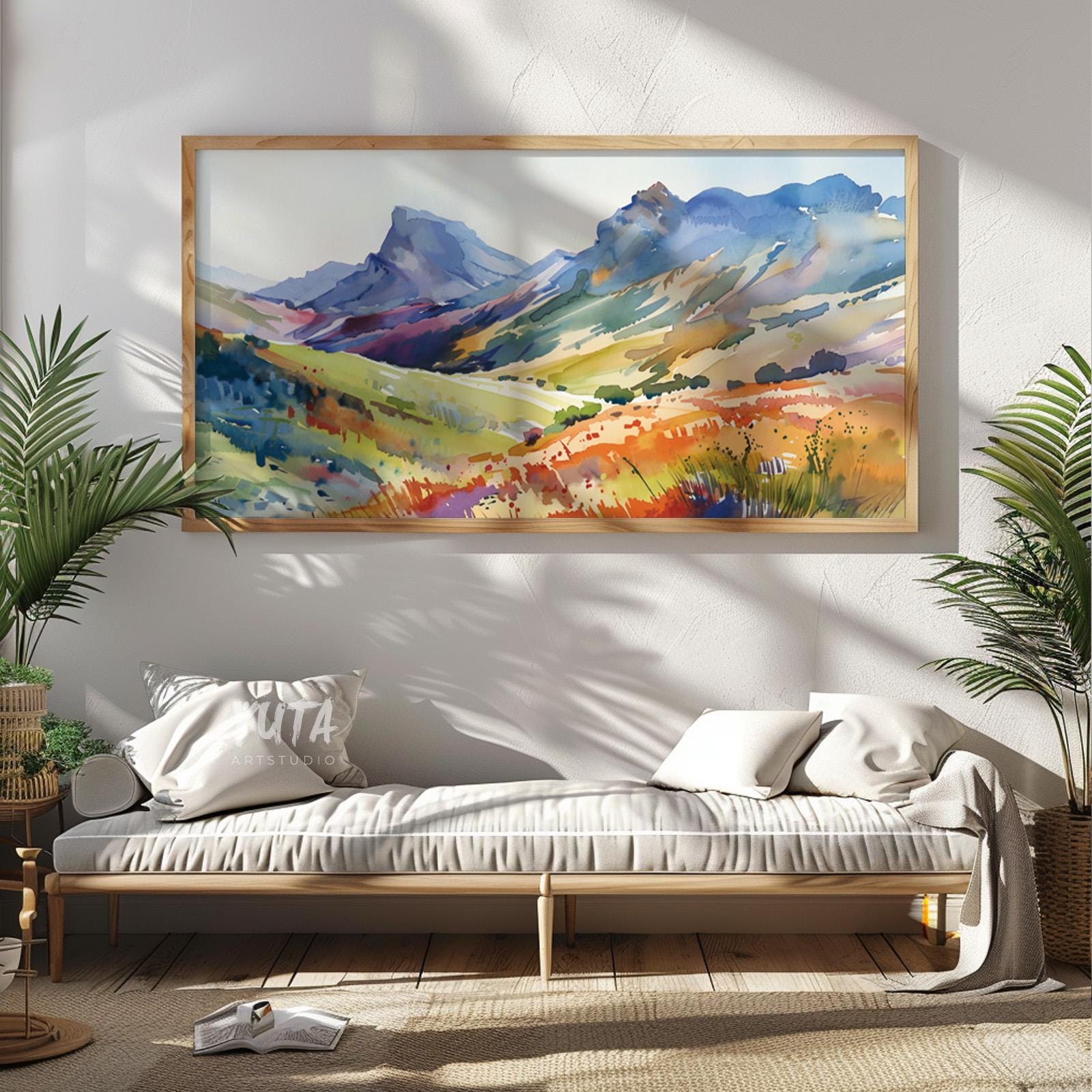 Mountain landscape wall art featuring colorful mountain ranges, sunlit valleys and expressive watercolor brushwork