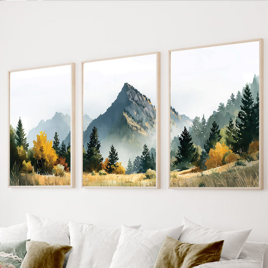 Mountain landscape wall art set of 3 featuring a misty mountain peak, evergreen forest and golden autumn trees.