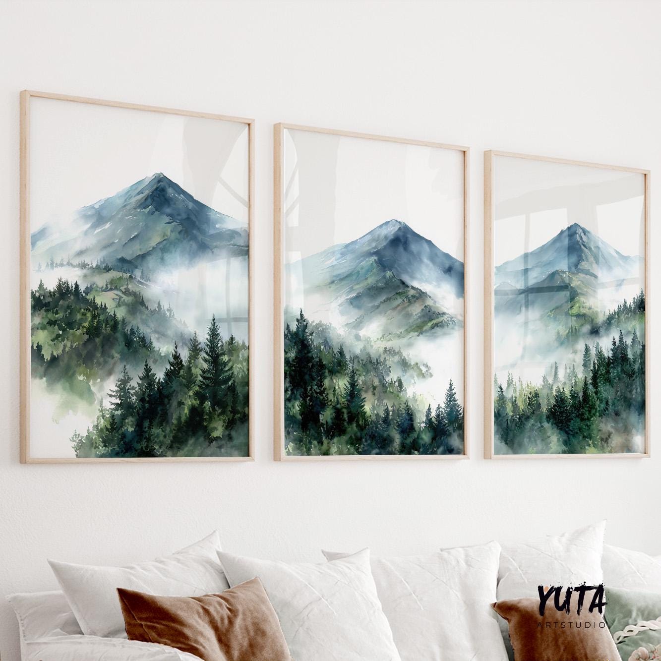 Mountain landscape wall art showcasing misty mountain ranges, forest valleys and tranquil nature inspired design